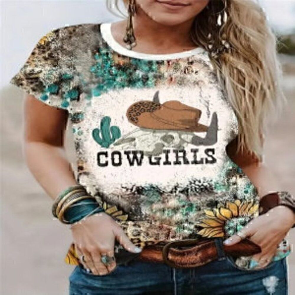Animal Skull Print Crew Neck T-Shirt, Casual Short Sleeve Top L